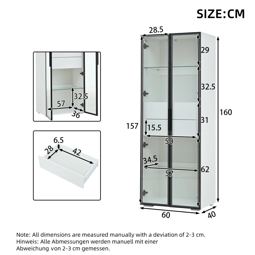 Vetrina 60x40x160 cm con LED e 2 cassetti in MDF e vetro