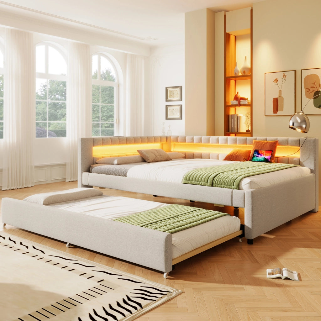 Letto a scomparsa con LED - Zephmum - 140x200cm - Beige - Luci integrate, USB, Type-C