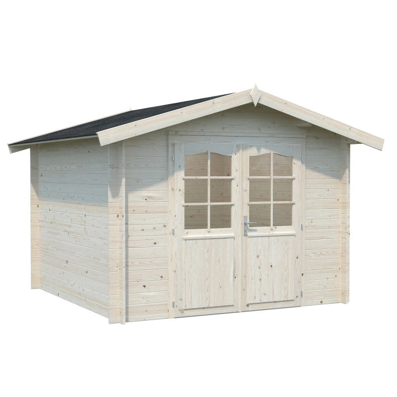 Casetta da giardino in legno 296x296 cm, pareti 28 mm grezze con porta doppia vetrata, per deposito attrezzi esterno - Esterni da Vivere