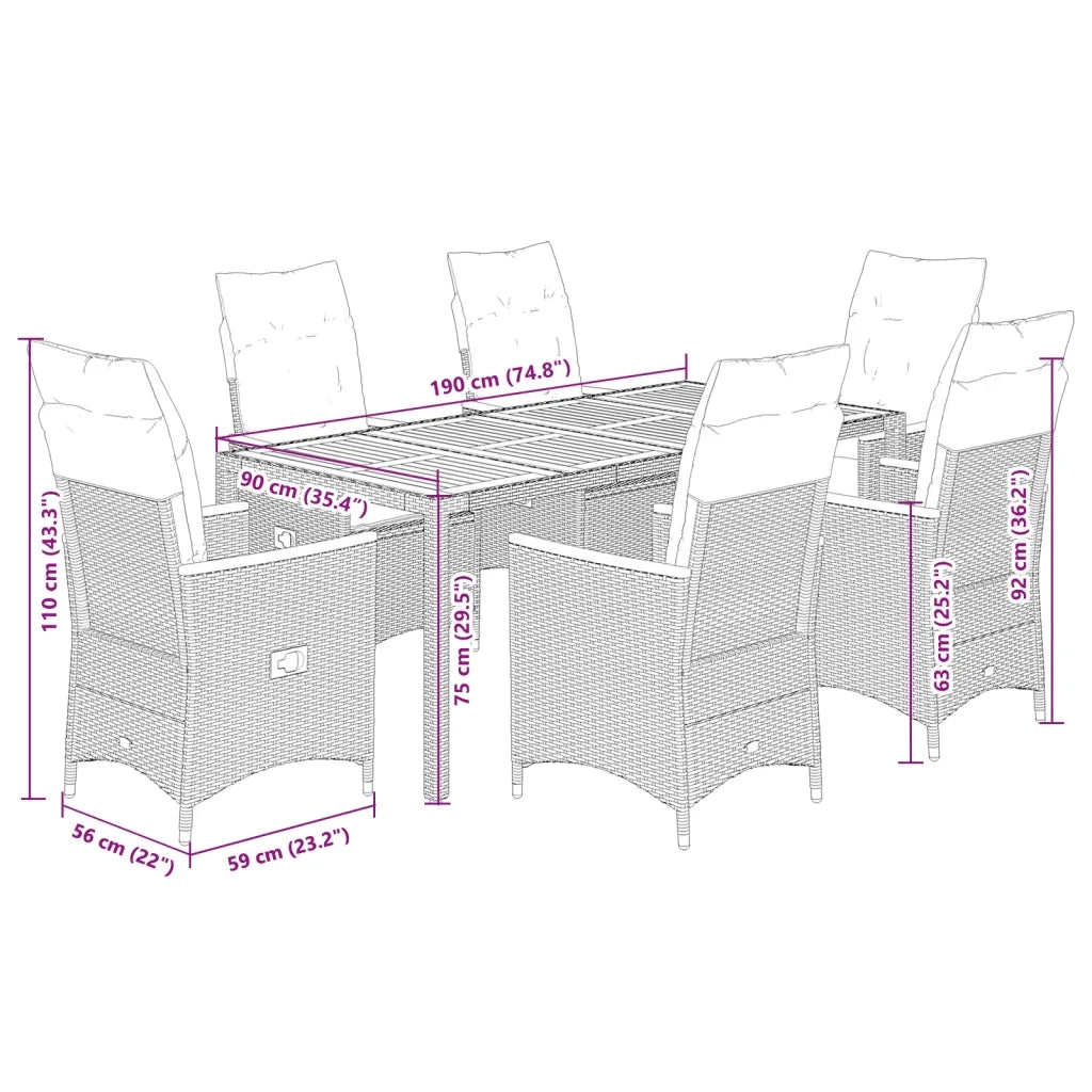 Set da Pranzo da Giardino 7 pz con Cuscini in Polyrattan Grigio