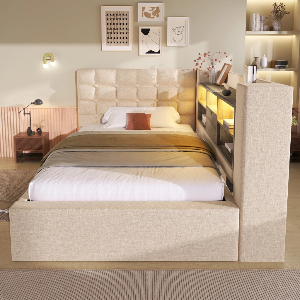 LETTO 90x190 cm con LED e contenitore idraulico, lino beige
