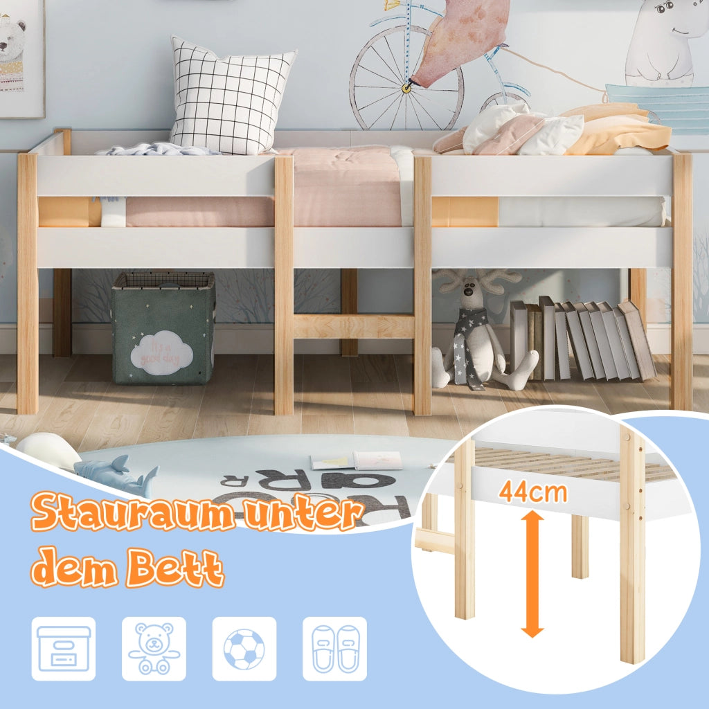 Letto singolo per bambini 90x190 cm con sponda anticaduta; struttura in pino massello; bianco e rovere