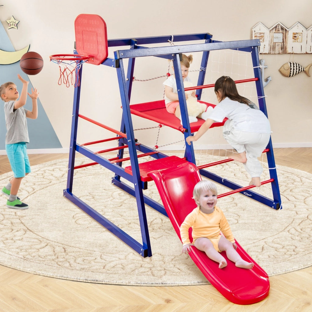 7-in-1 Parco giochi con scivolo e rete scala rampicante e scala di corda, Giochi arrampicata in legno per 3-4 bambini 150x142x146cm