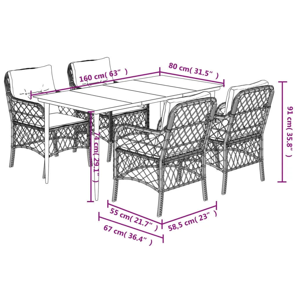 Set da Pranzo da Giardino 5 pz Nero con Cuscini in Polyrattan 3212085