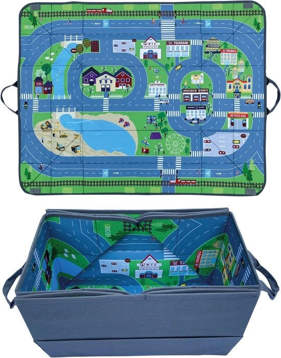 Organizzatore e tappeto di gioco con tema stradale - Scatola di ripostaggio e tappeto pieghevole per giocattoli per bambini - Imbocco di sicurezza in auto - 91cm x 72cm Tavolo per auto