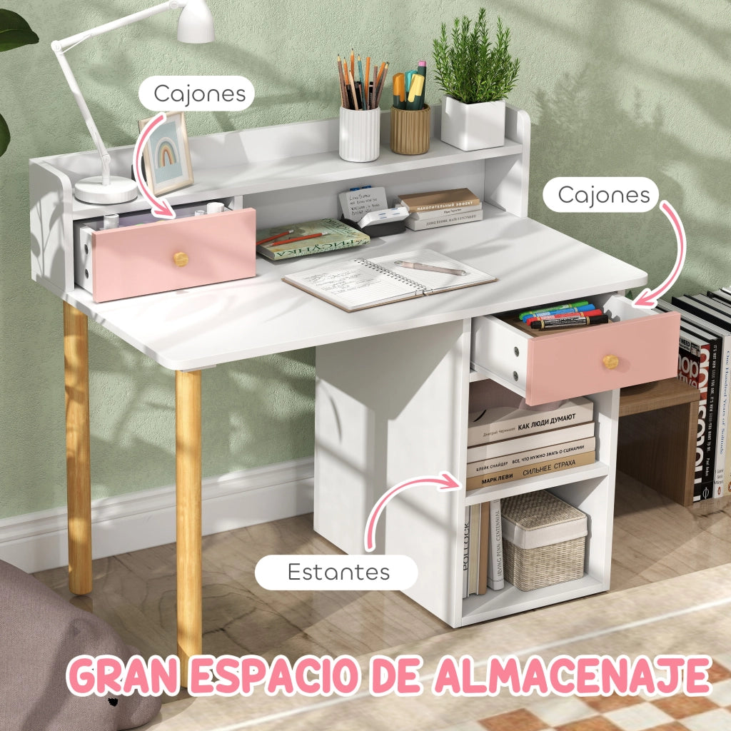 Scrivania per bambini con sedia e cassetti ¨C Xylo ¨C Rosa e bianco con ripiani