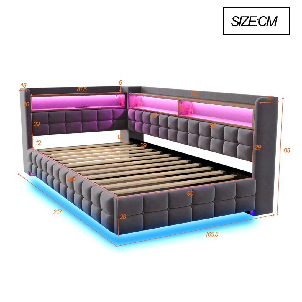DIVANO LETTO 90x200 cm in velluto grigio con LED, prese USB e vano contenitore