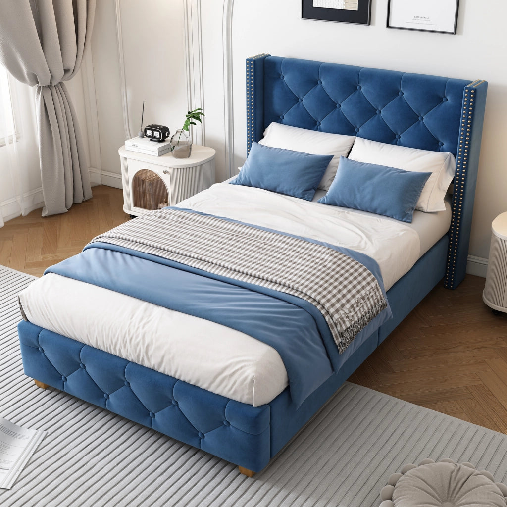 LETTO imbottito 90x200 cm in velluto blu con rete a doghe