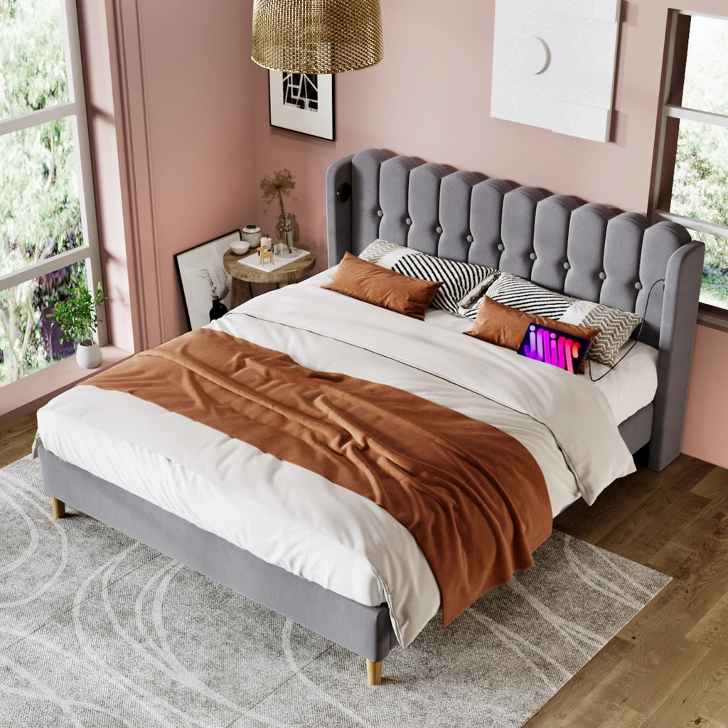 LETTO imbottito 160x200 cm in lino grigio con USB e Type-C