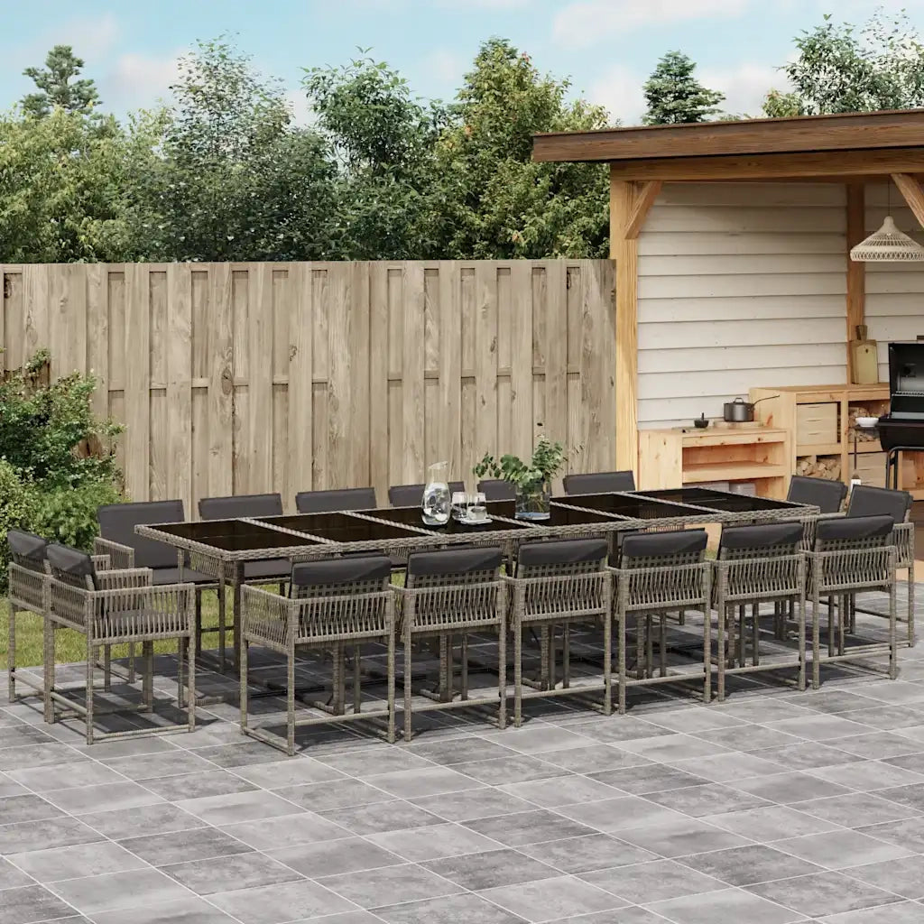 Set da Pranzo da Giardino 17pz con Cuscini Grigio in Polyrattan