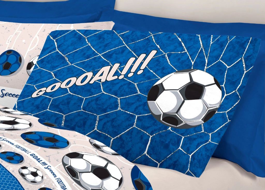 Completo Lenzuola Linea Pensieri Delicati 100% Cotone Disegno Calcio - Piazza E Mezza - Blu