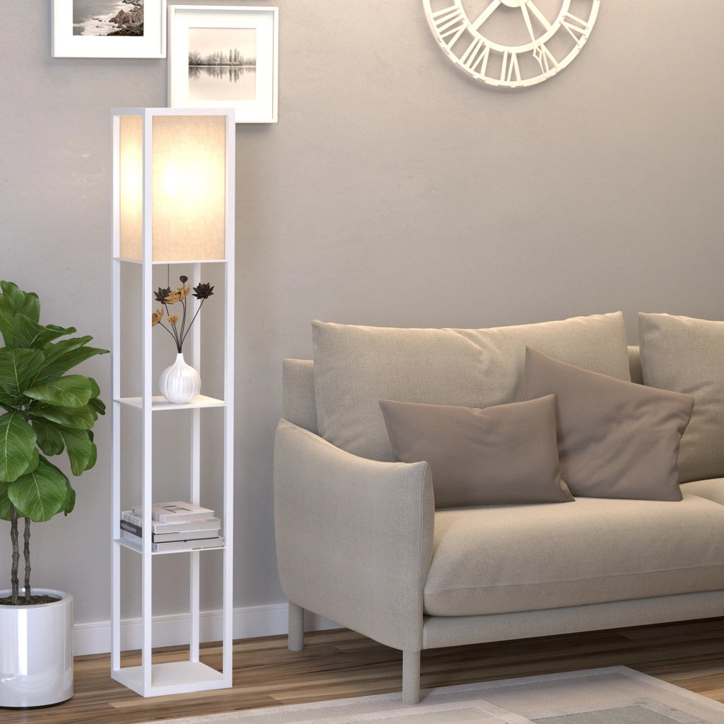 Lampada da Terra con Mensole ¨C Xylo ¨C Legno Bianco 160 cm con Interruttore