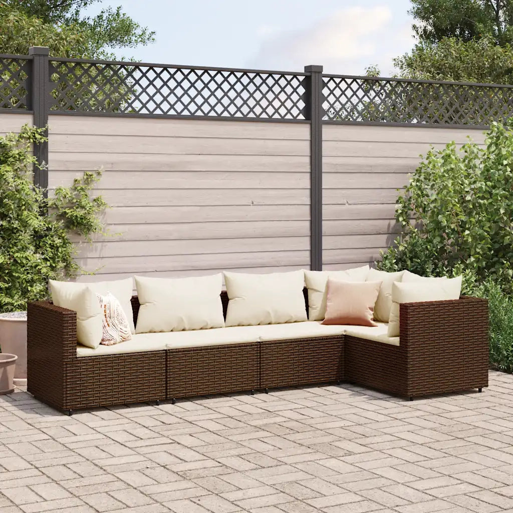 Set Divani da Giardino 5 pz con Cuscini Marrone in Polyrattan