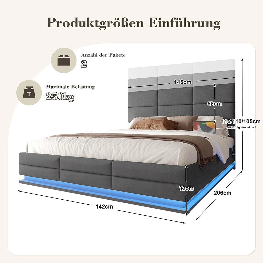 Letto 140x200cm imbottito - Xylo - velluto grigio USB idraulico LED