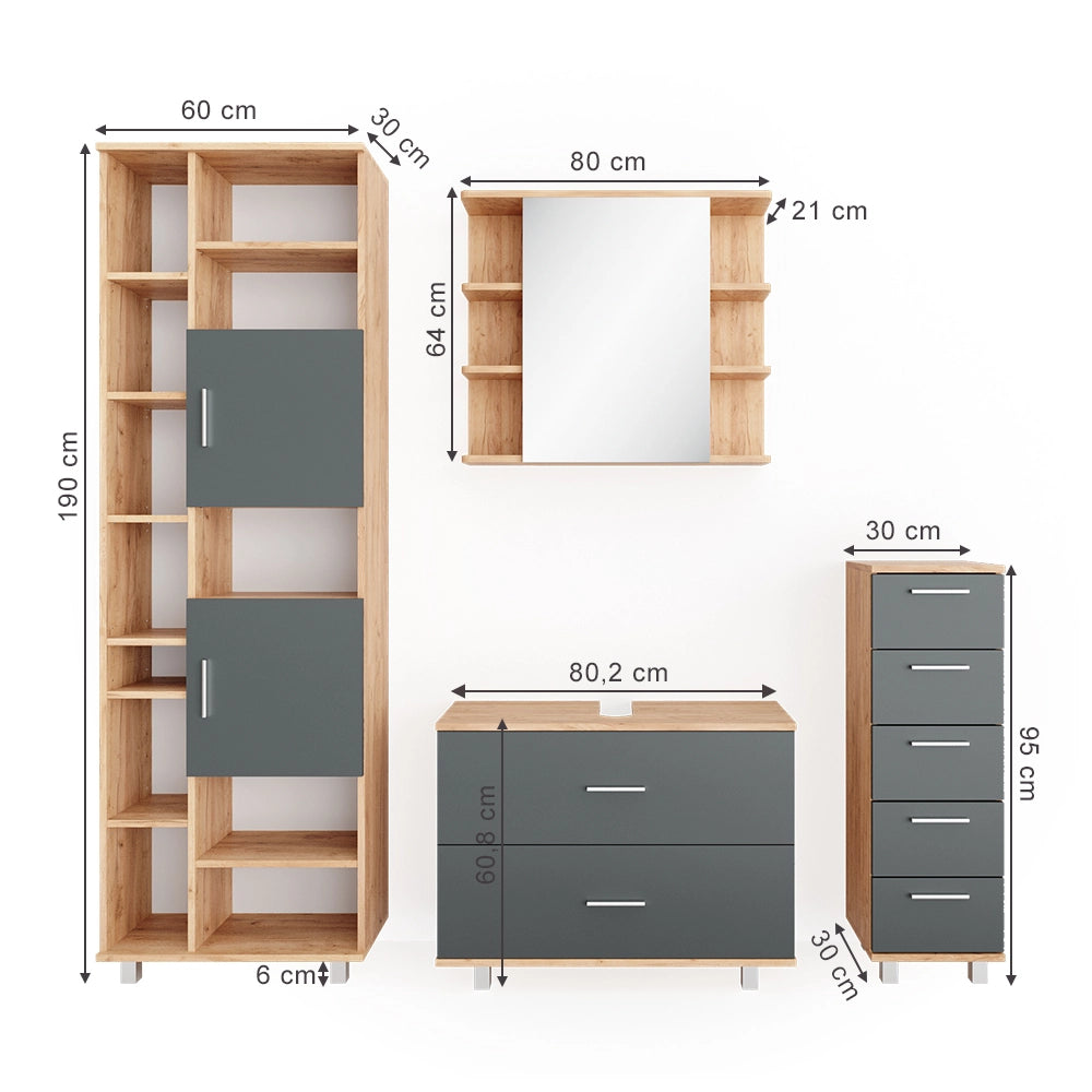 Vicco Set mobili bagno Antracite/quercia dorata 4 parti