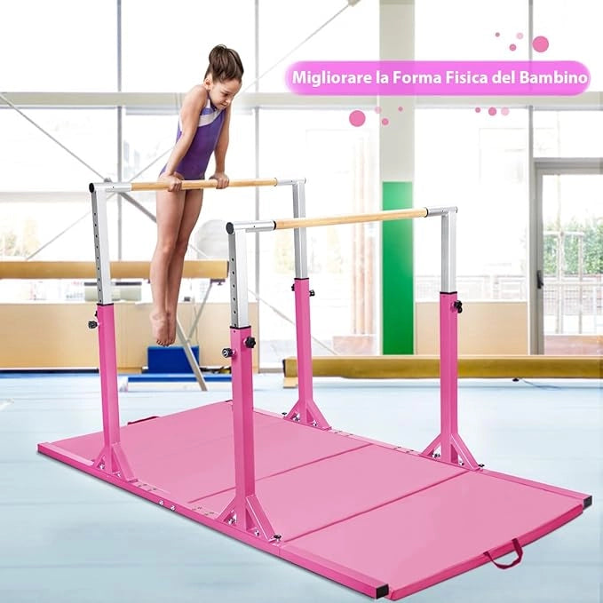 Parallele Doppie per Ginnastica, Sbarre Orizzontali Doppie con Larghezza Regolabile e 11 Altezze, capacità di Carico di 100 kg, Sbarre di Allenamento per Bambini 6-12 Anni