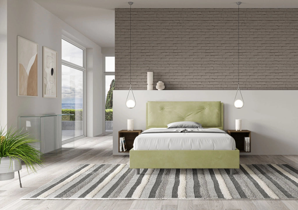 BS COM Letto matrimoniale francese con rete imbottito 140x200 microfibra tè verde Large