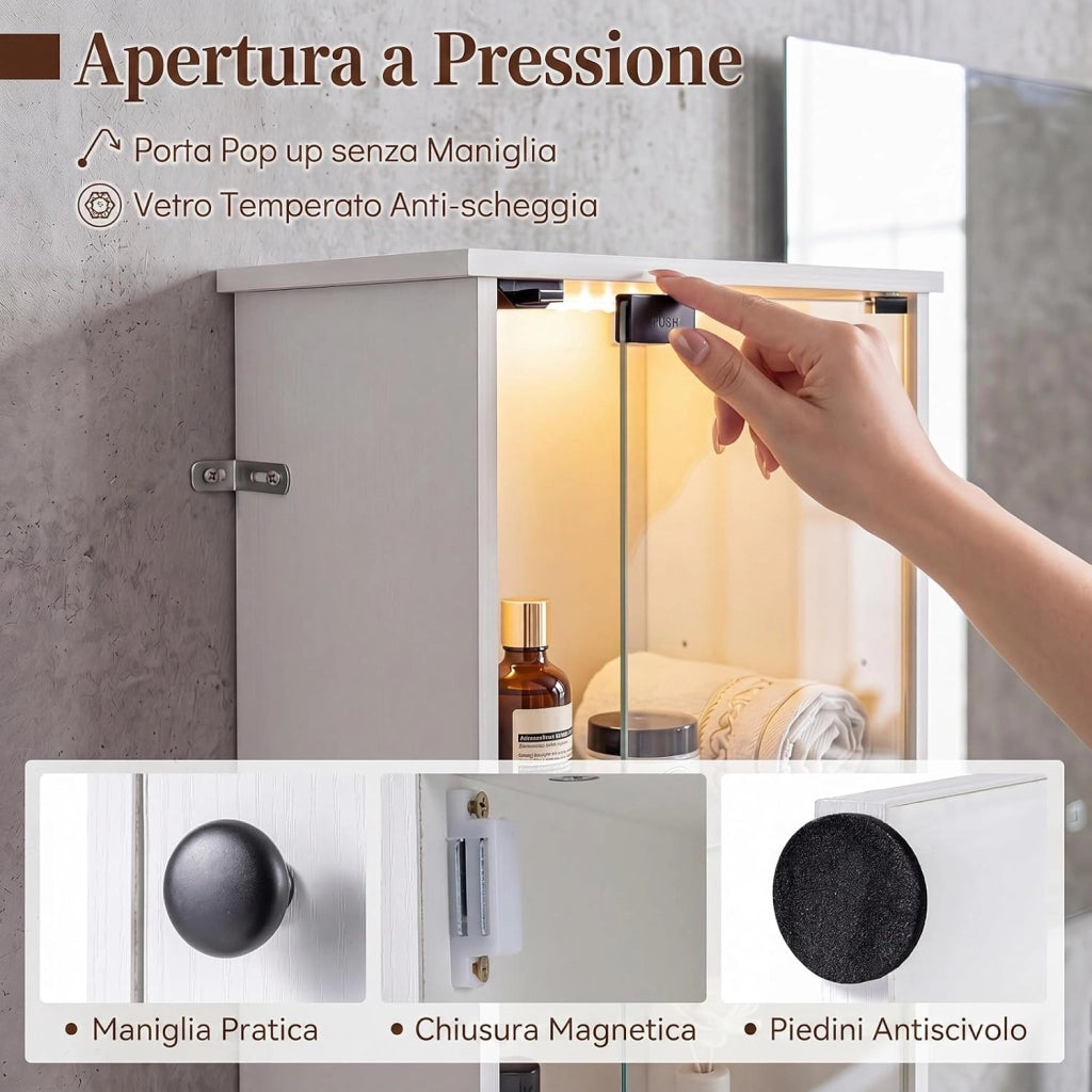 Mobile Alto da Bagno, Mobiletto a Colonna Stretto con Luci LED e Telecomando, Ante in Vetro e Mensole Regolabili, Armadio Salvaspazio a Terra per Soggiorno, 30 x 30 x 170 cm (Bianco)