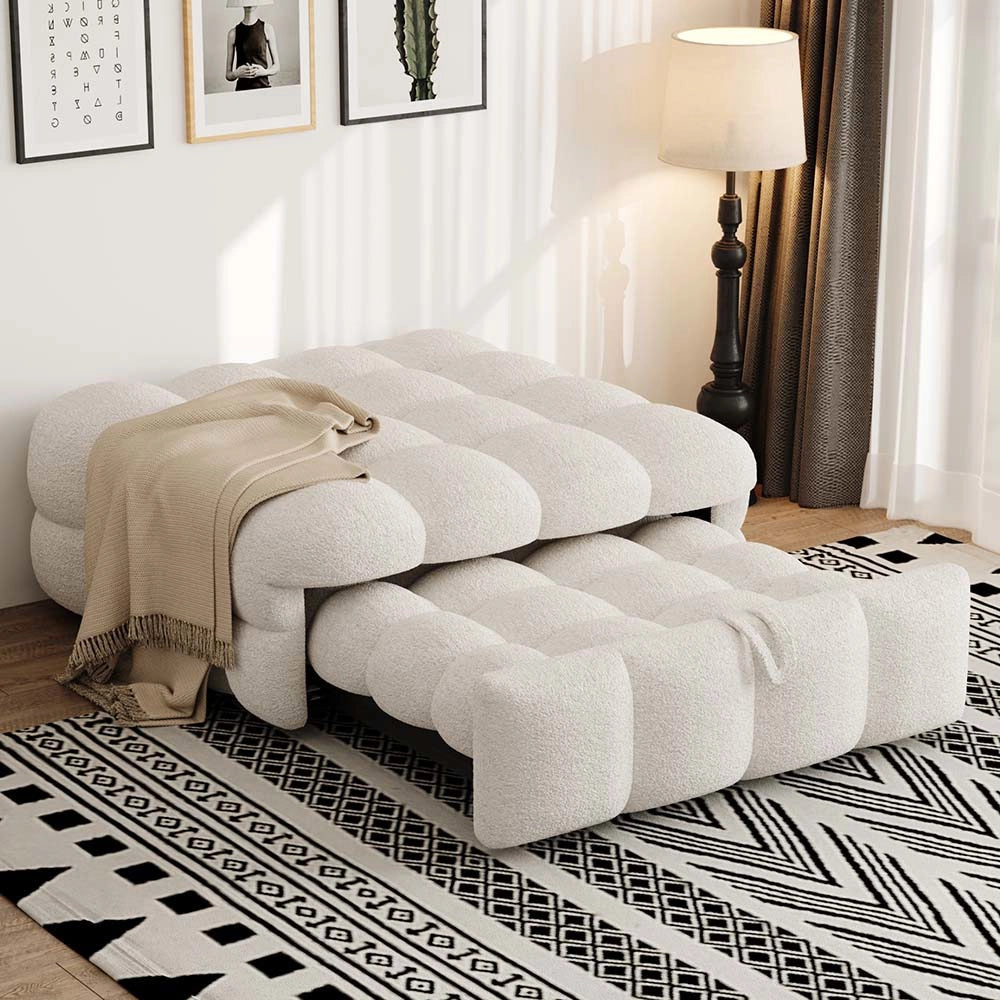 Pouf letto 2in1 - Xylo - beige, tessuto teddy, morbido, trasformabile
