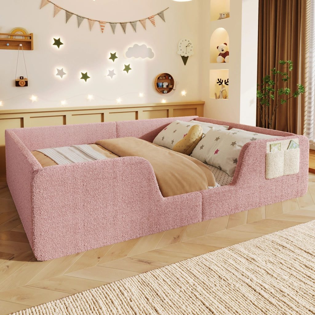 Letto con testata imbottita funzione sicurezza velluto rosa 140x190 cm