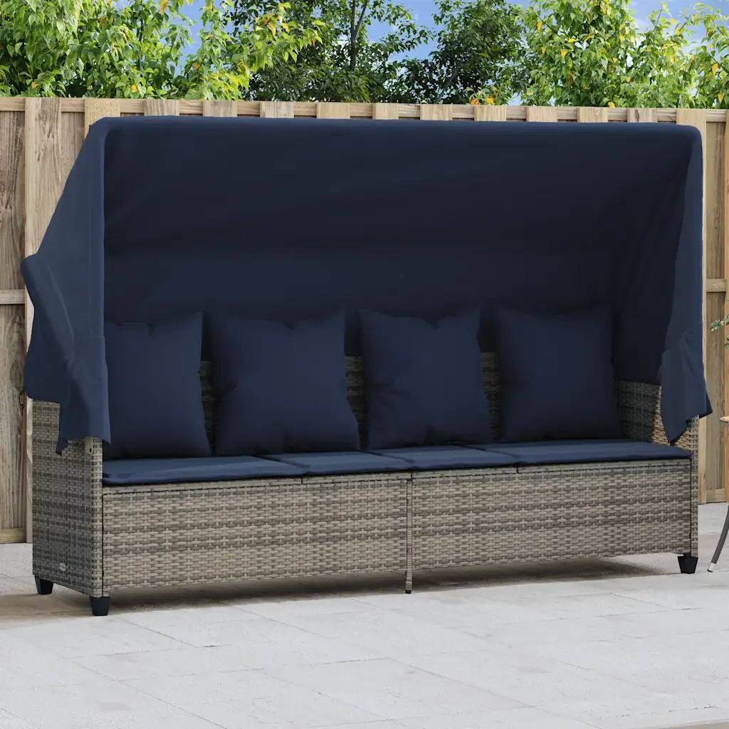 Lettino Prendisole con Baldacchino e Cuscini Grigio Polyrattan 368360