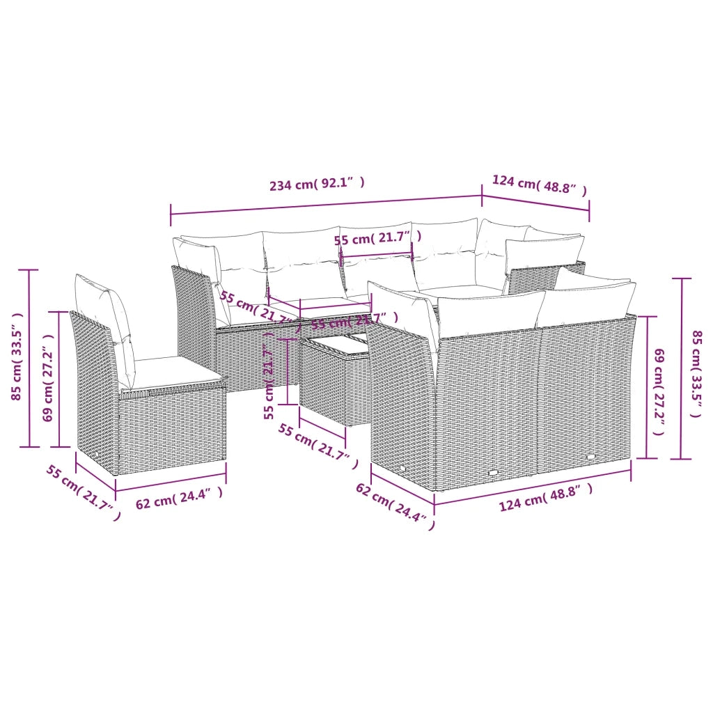 Set Divano da Giardino 9pz con Cuscini Grigio Chiaro Polyrattan 3217942