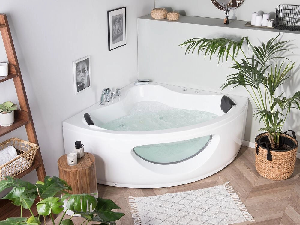 Vasca Idromassaggio Angolare Bianco Sanitario Acrilico con Luci LED 10 Getti Massaggio 190 x 138 cm Stile Moderno