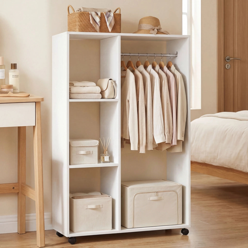 Armadio con Ruote, Appendabiti e 3 Ripiani ¨C Minimal ¨C Legno, 80x40x128 cm