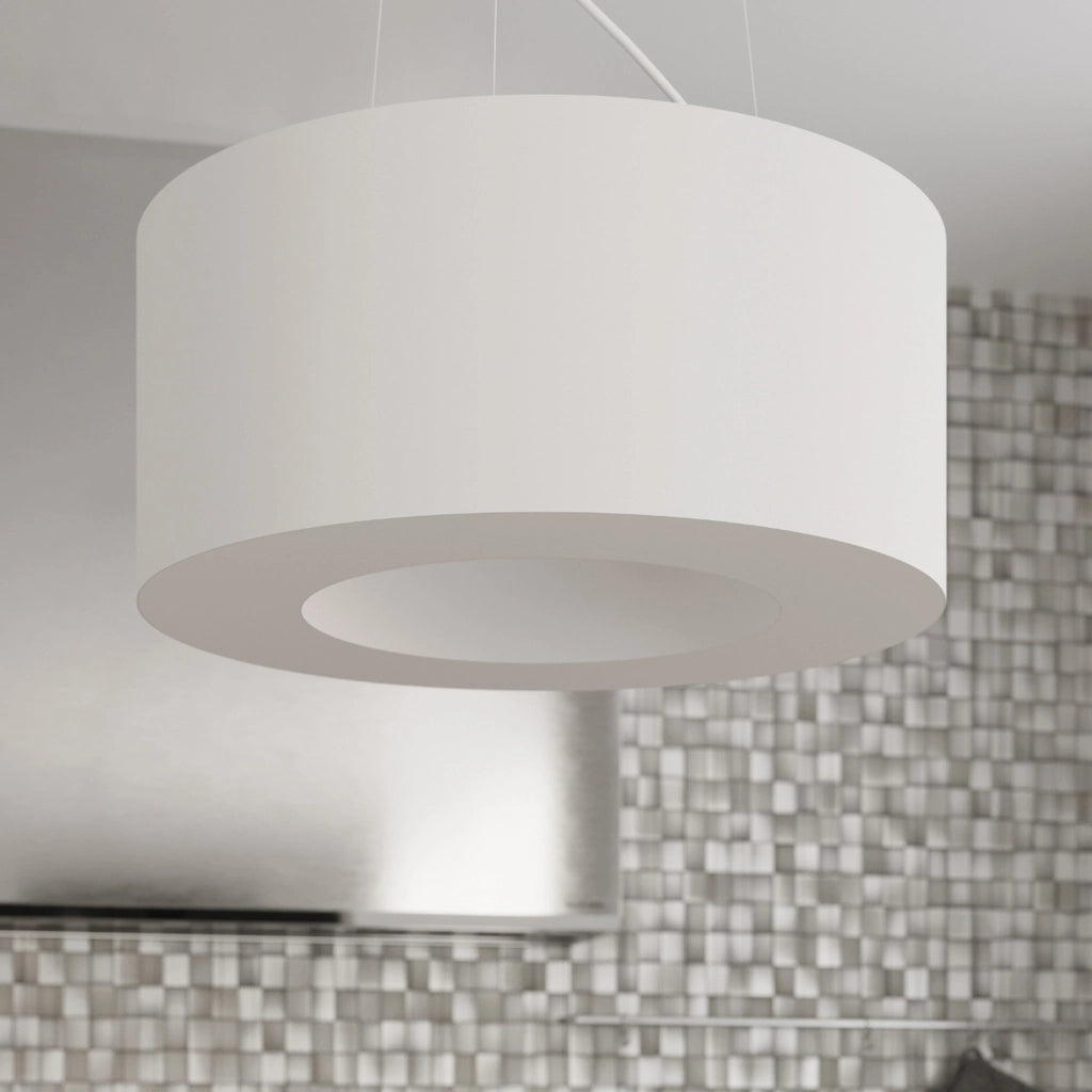 Lampadario rotondo Saturno Slim a 6 luci, 70 cm, tessuto bianco, PVC, acciaio