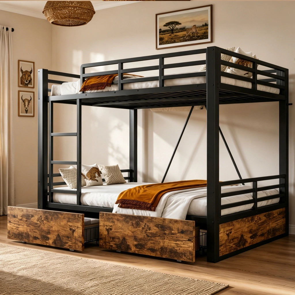 LETTO a castello 140x200 cm Nero in metallo e legno con cassetti