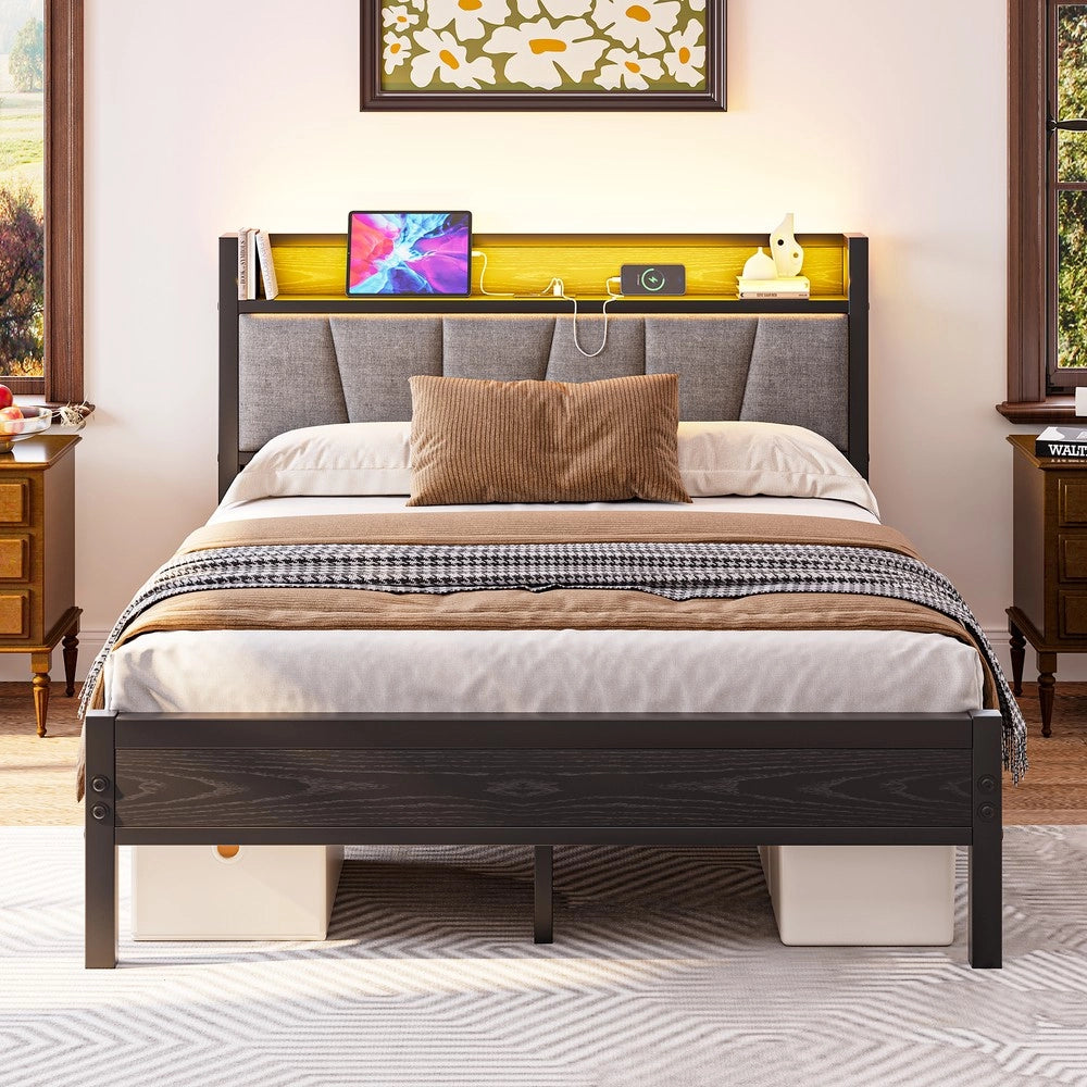 Letto Matrimoniale con LED e USB ¨C MINIMAL ¨C Metallo 140x190