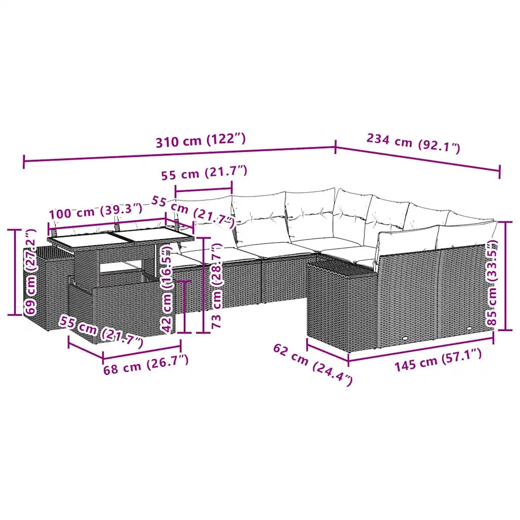Set Divani da Giardino 10pz con Cuscini in Polyrattan Marrone 3269403
