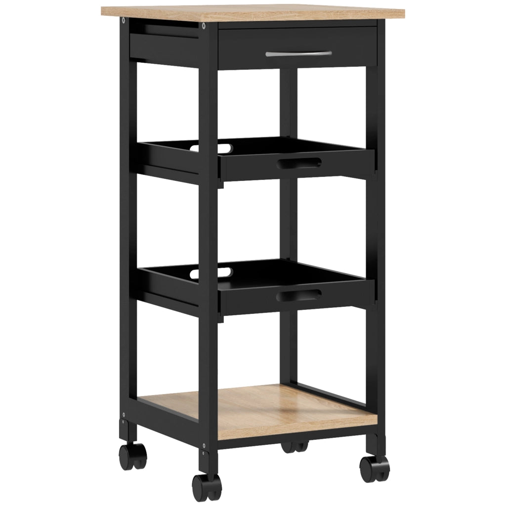 Carrello di servizio per cucina ¨C Minimal ¨C 2 ripiani amovibili, cassetto, scaffale, legno quercia chiaro e nero