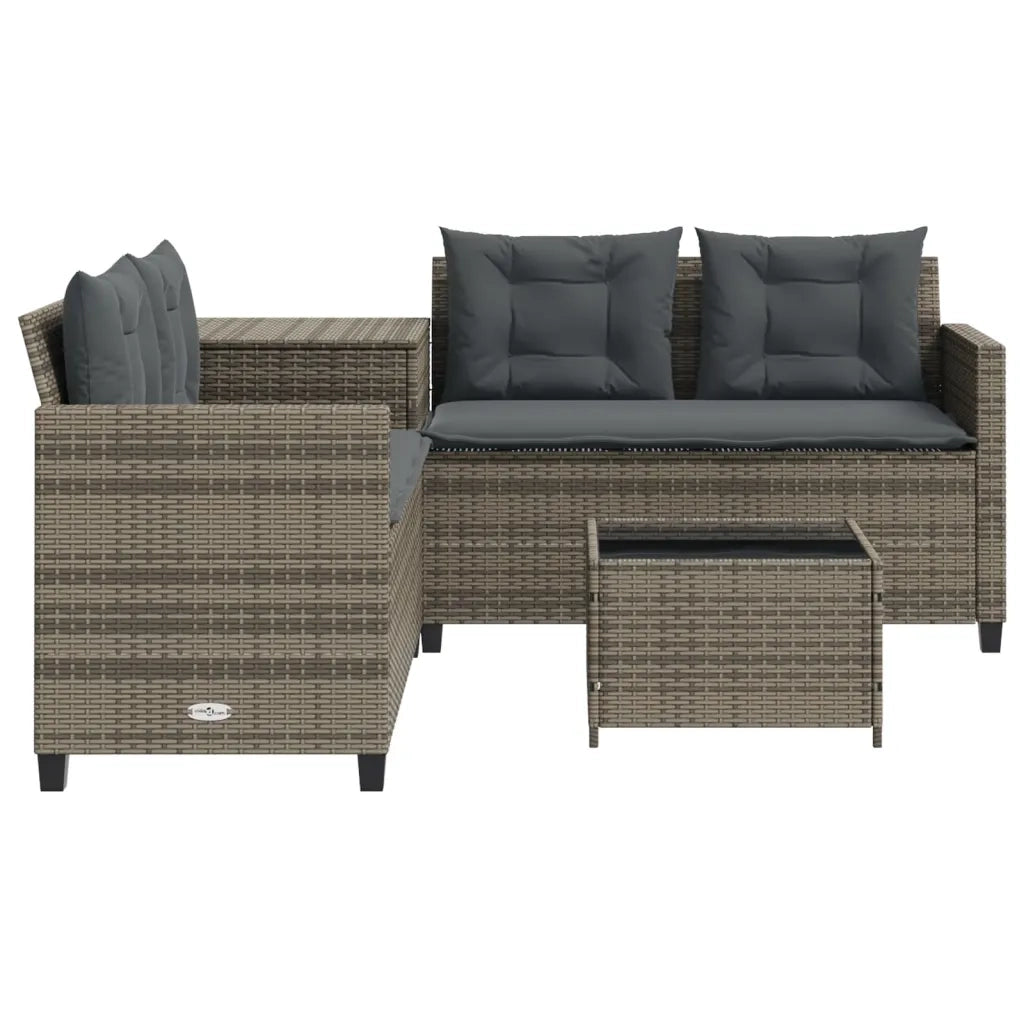 Divano da Giardino con Tavolo e Cuscini a L Grigio Polyrattan 369029