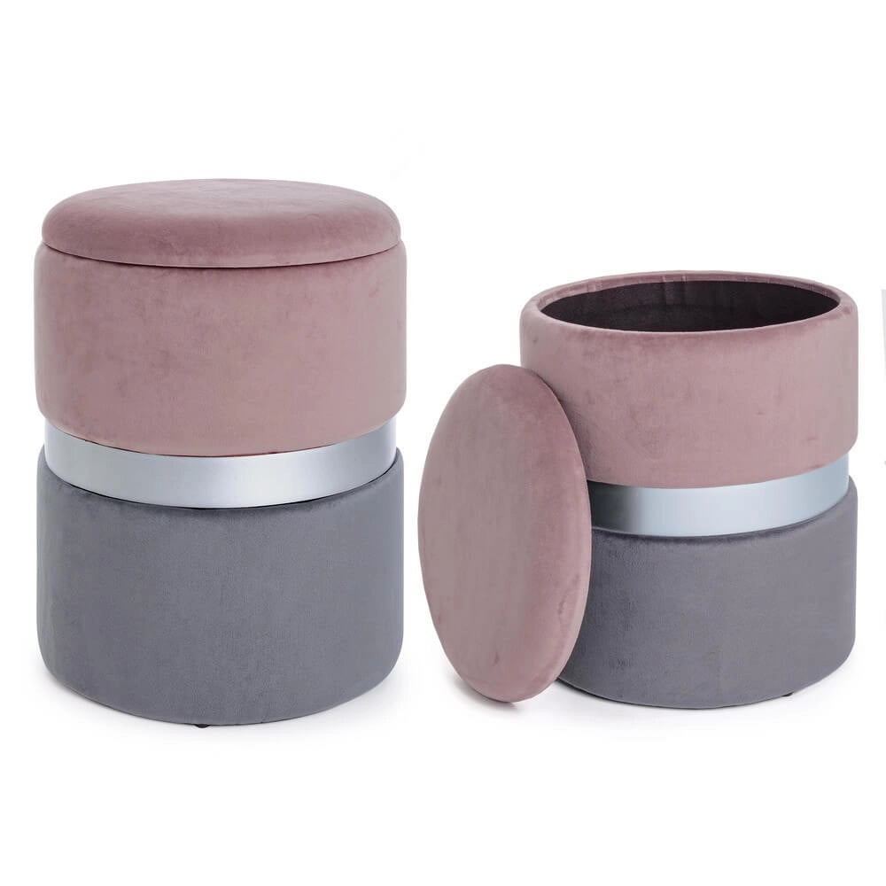 Set da 2 Pouf Rotondi in Velluto con Contenitore - POLLY