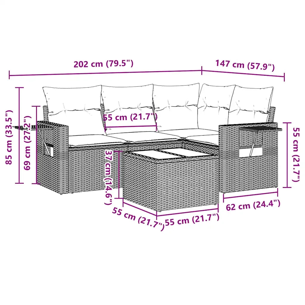 Set Divano da Giardino 5pz con Cuscini Grigio Chiaro Polyrattan 3220121