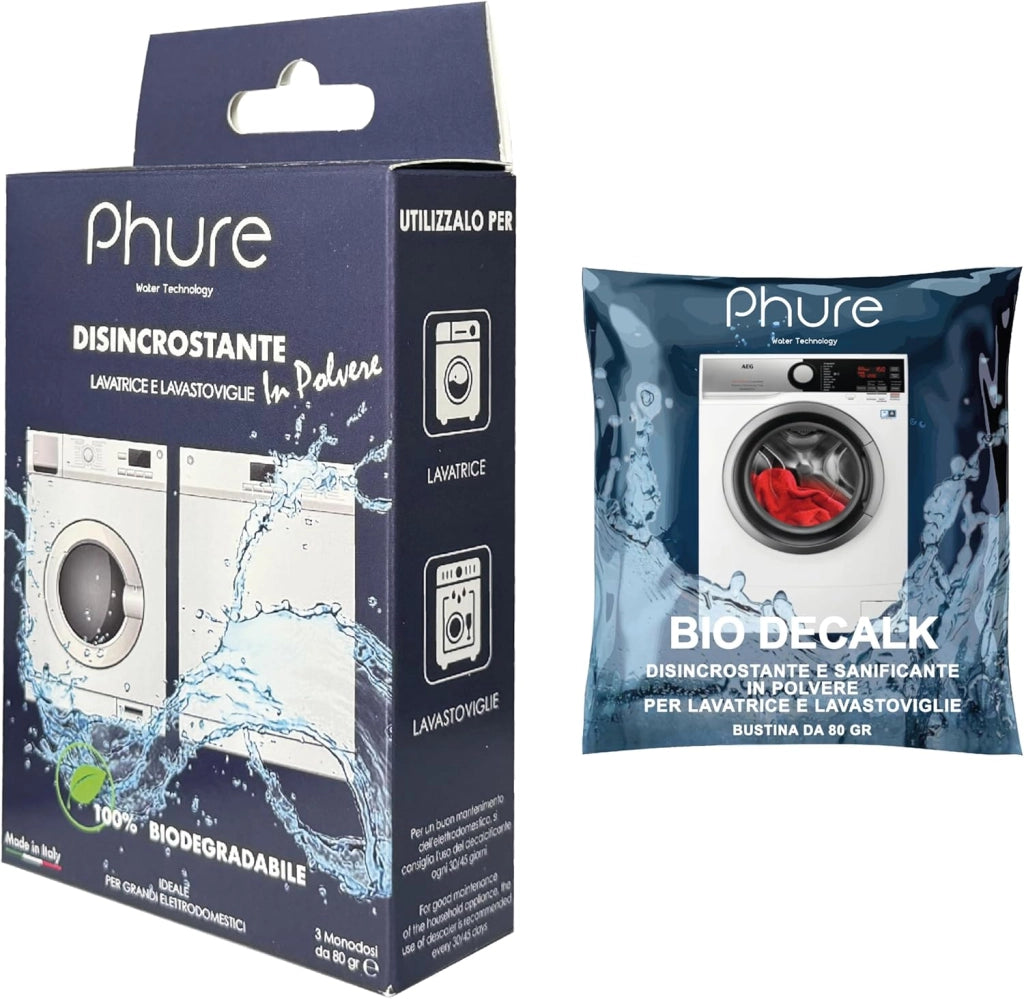 PHURE Decalcificante in Polvere Monodose Detergente Anticalcare per Lavatrice, Lavastoviglie e grandi elettrodomestici, compatibile con tutte le marche, 100% Biodegradabile, Ecologico Made in Italy