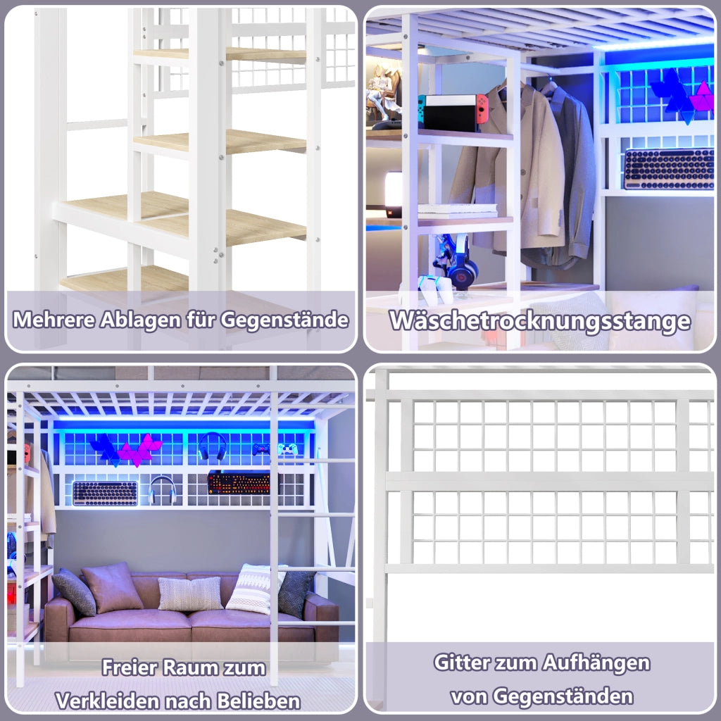 DESMIU Letto a Soppalco Letto Singolo 90 × 200 cm 1 Posto con LED Regolabile, Mensola e Rete Sospesa, senza Materasso