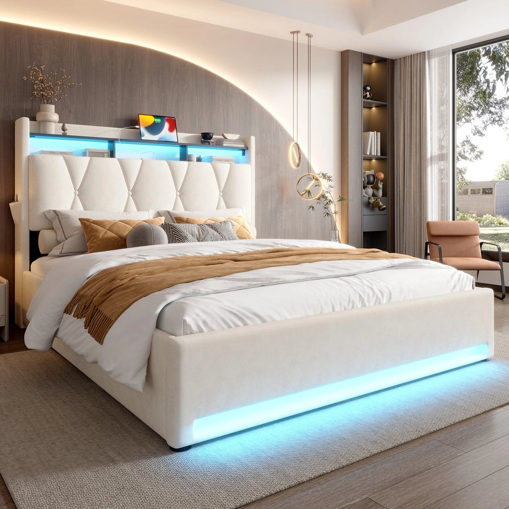 Letto Contenitore Imbottito con LED e USB ¨C MINIMAL ¨C Beige 160x200