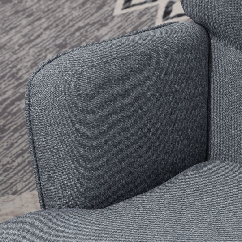 Sedia a Dondolo con Pouf con Cuscino e Braccioli in Tessuto Effetto Lino e Legno Grigio