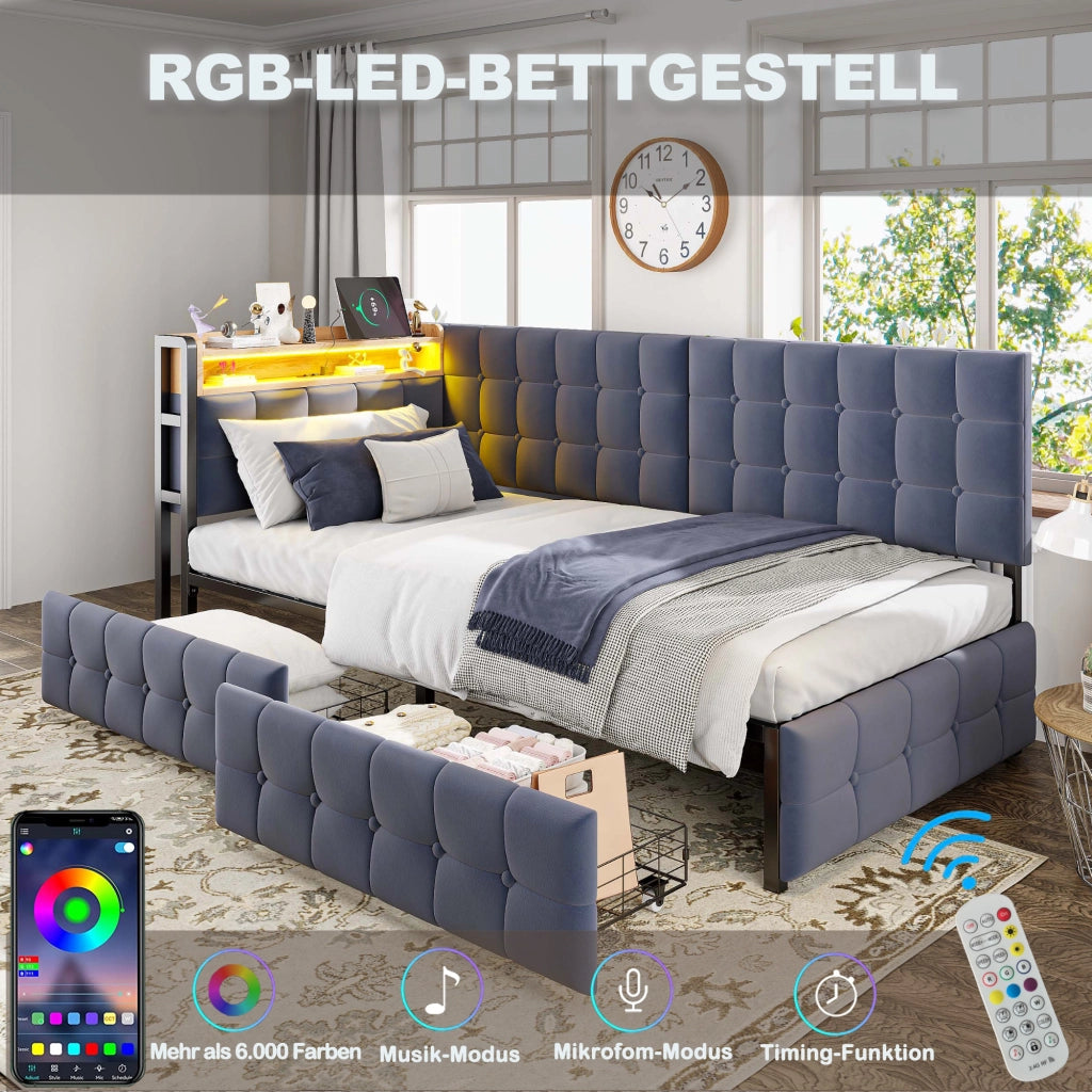 DIVANO LETTO 90x200 cm Imbottito Grigio con 2 cassetti, LED e USB