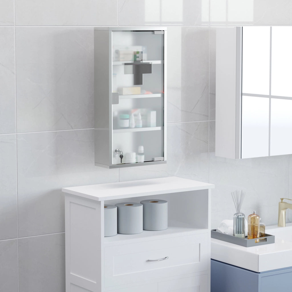 Armadietto da bagno con serratura in acciaio inox e vetro satinato per medicinali, per bagno, argento, 30 × 12 × 60 cm