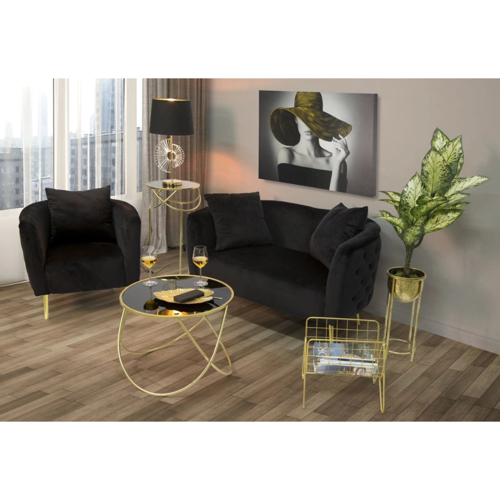 Poltrona Bucarest in velluto nero con braccioli capitonne e gambe oro 76x74x71 cm