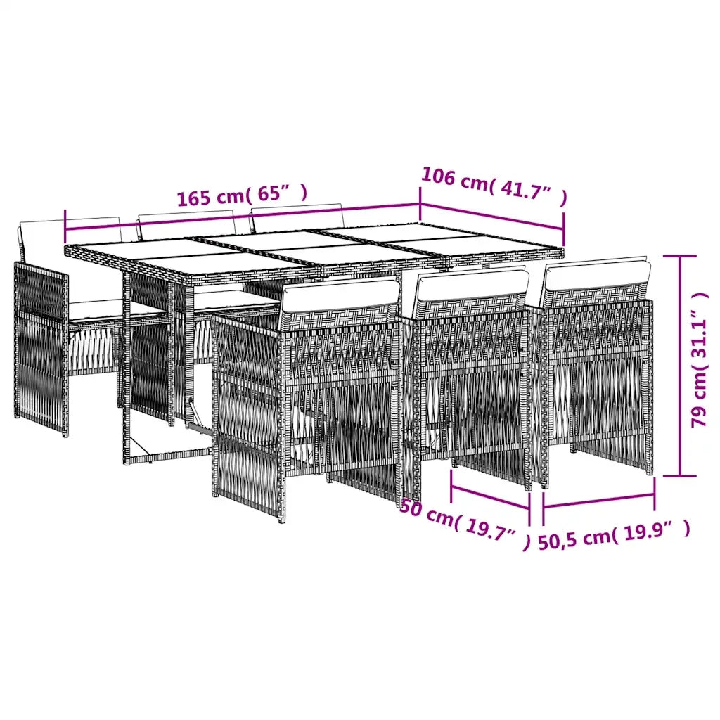 Set da Pranzo da Giardino 7 pz Nero con Cuscini in Polyrattan 3210907