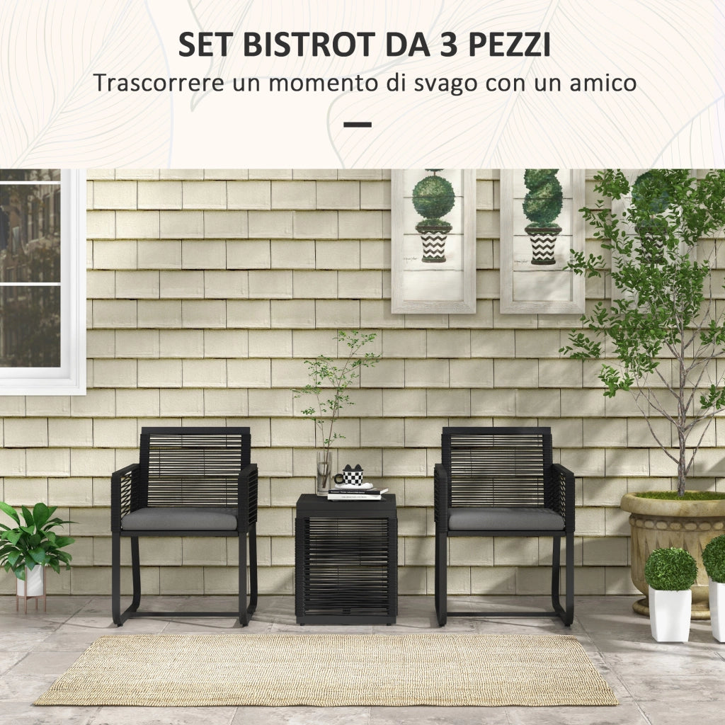 Set da Giardino Poltroncine e Tavolino ¨C Minimal ¨C Rattan Nero con Cuscini e Vetro