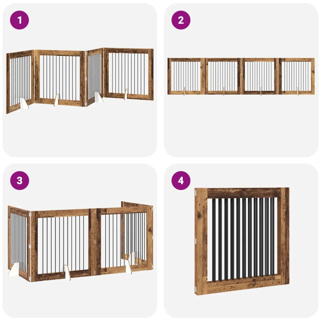 Cancello per cani pieghevole con supporti 4 pcs Legno antico 892035