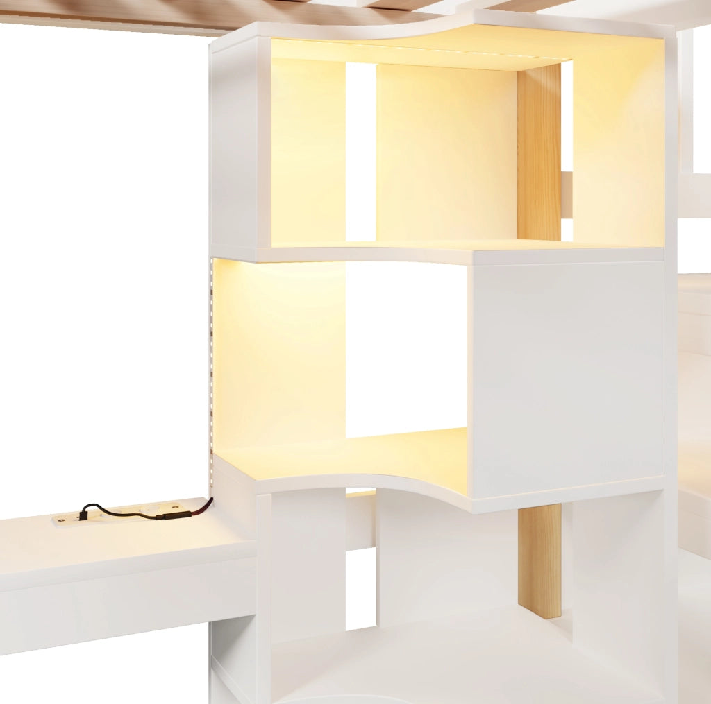 Letto a soppalco 140x200 cm con scrivania, contenitore e luci LED