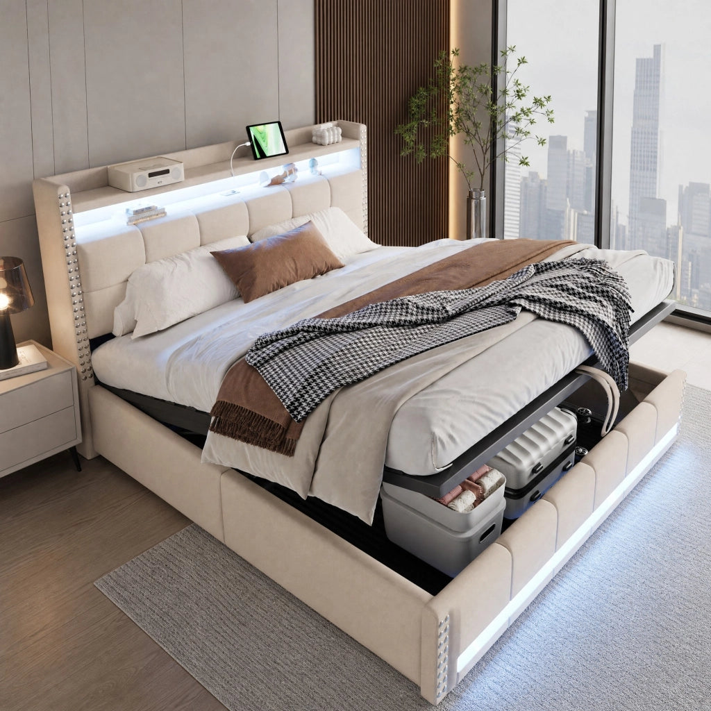 LETTO Imbottito 180x200 cm Beige con LED, USB e contenitore