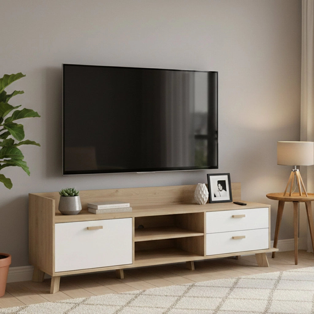 Mobile porta TV Agathis, Credenza da soggiorno, Armadio basso per TV, Base parete attrezzata, 182x51 h62 cm, Rovere e Bianco