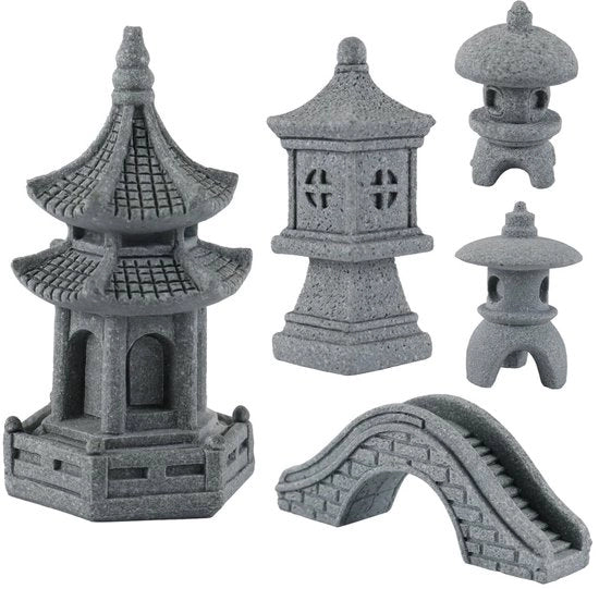 Set di Sculture di Pagoda in Legno di Qualità Museale - UV-Resistente - Decorazione per Bonsai - Materiale Non Poroso - Comprende 5 Elementi